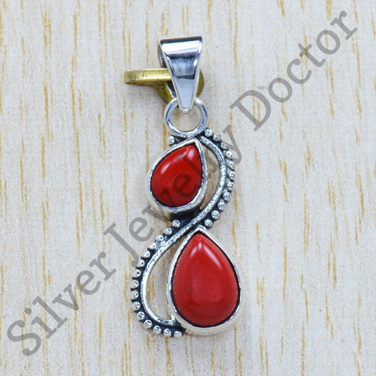 Indian Designer Jewelry 925 Sterling Silver Coral Gemstone Pendant SJWP-275