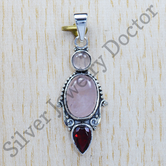 Rose Quartz And Ruby Gemstone 925 Sterling Silver Unique Jewelry Pendant SJWP-276