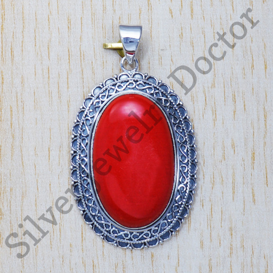 Coral Gemstone 925 Sterling Silver Ancient Look Jewelry Classic Pendant SJWP-325