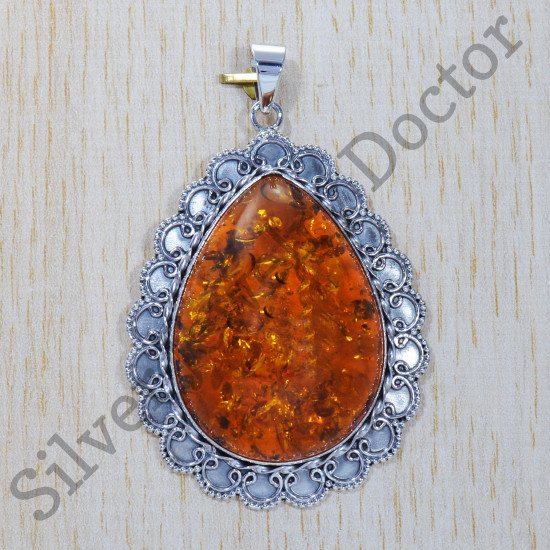 Authentic 925 Sterling Silver Amazing Look Jewelry Amber Gemstone Pendant SJWP-354