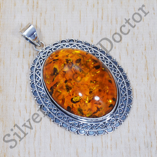 925 Real Sterling Silver Factory Direct Jewelry Amber Gemstone Pendant SJWP-364