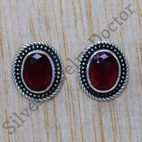 925 Real Sterling Silver Ruby Gemstone Exclusive Jewelry Stylish Stud Earring SJWES-131