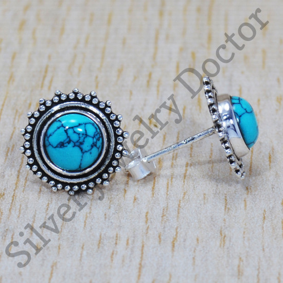 Exclusive 925 Sterling Silver Jewelry Turquoise Gemstone Royal Stud Earring SJWES-210