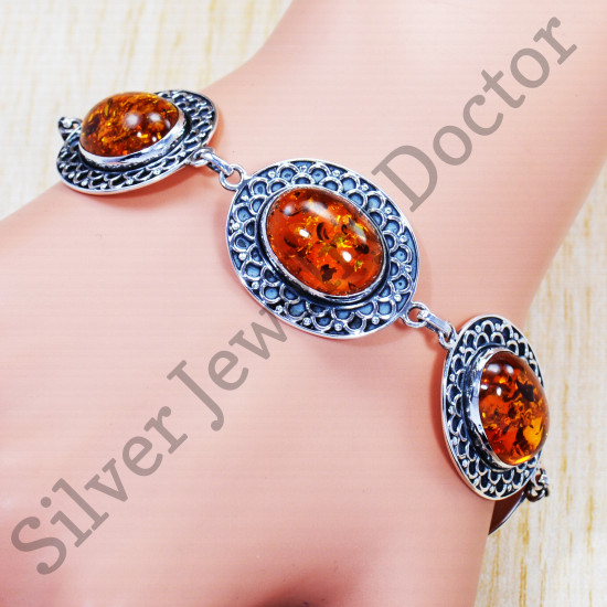 925 Sterling Silver Jewelry Amber Gemstone Ancient Look Bracelet SJWBR-343