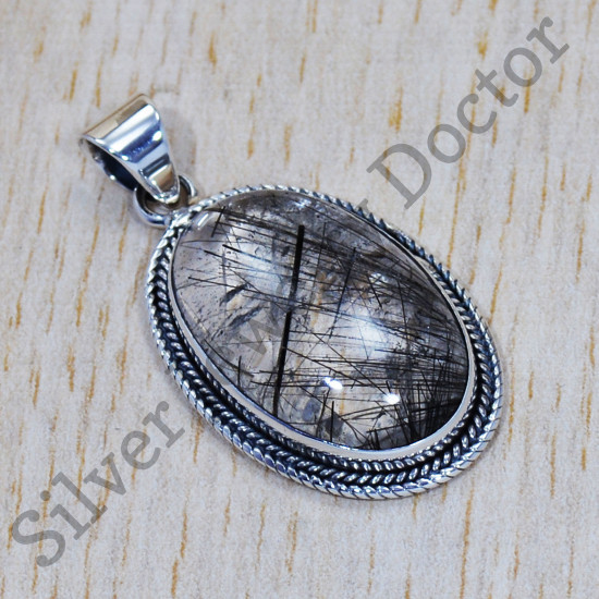 Authentic 925 Sterling Silver Nice Black Rutile Gemstone Jewelry Pendant SJWP-459