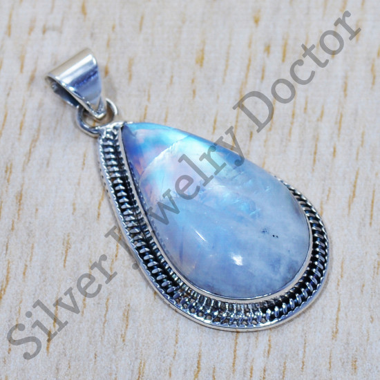 Authentic 925 Sterling Silver Rainbow Moonstone Traditional Jewelry Pendant SJWP-492