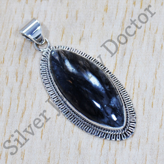 Semi Precious 925 Sterling Silver Jewelry Black Rutile Gemstone Pendant SJWP-507