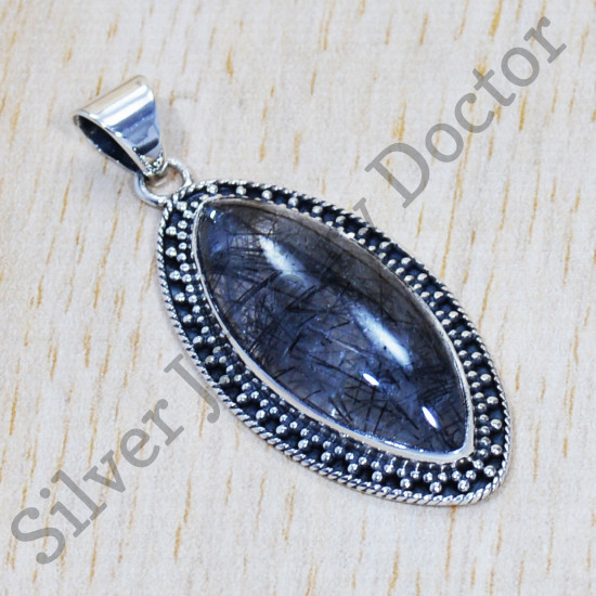 Real Black Rutile Gemstone 925 Sterling Silver Causal Wear Jewelry Pendant SJWP-568