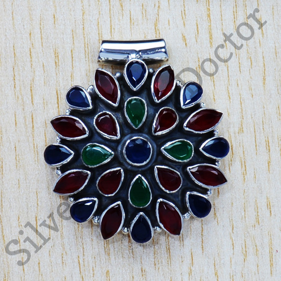 Traditional Jewelry Sapphire And Multi Gemstones Genuine 925 Sterling Silver Pendant  SJWP-603