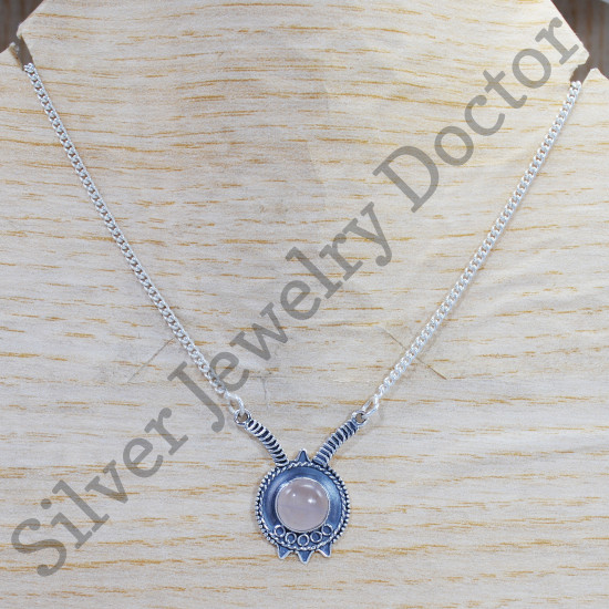 925 Sterling Silver Rose Quartz Gemstone Jewelry Vintage Look Necklace SJWN-133