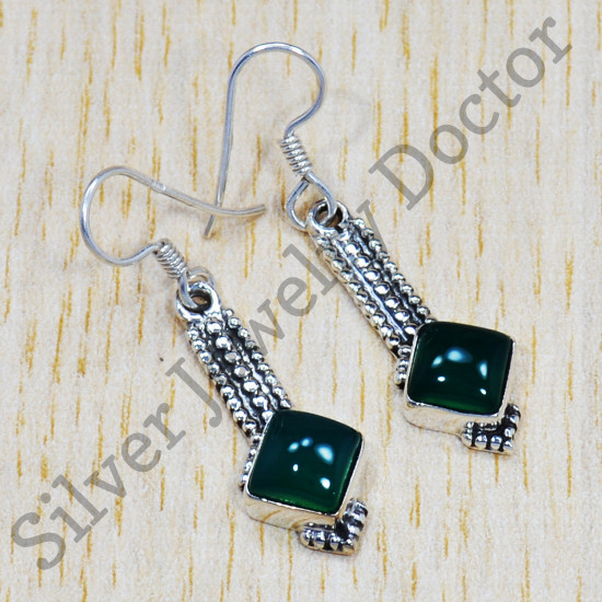 Anniversary Gift Jewelry Green Onyx Gemstone 925 Sterling Silver Earrings SJWE-223