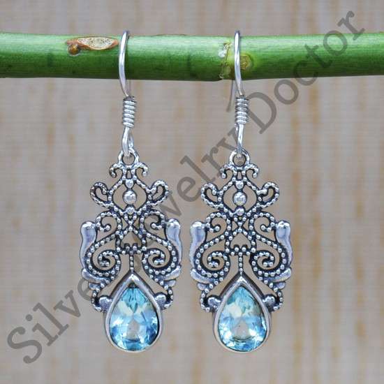 Ancient Look Jewelry Blue Topaz Gemstone 925 Sterling Silver Earrings SJWE-367