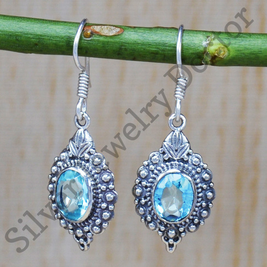 Indian Designer 925 Sterling Silver Jewelry Blue Topaz Gemstone Earrings SJWE-392
