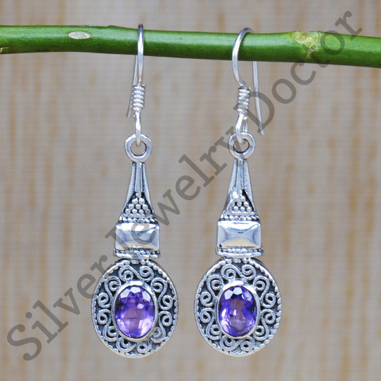 925 Sterling Silver Jewelry Amethyst Gemstone Beautiful Fancy Earrings SJWE-410