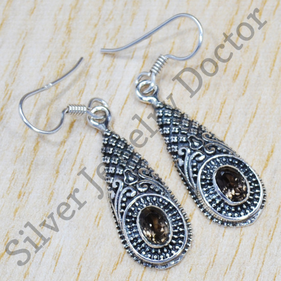 Beautiful 925 Sterling Silver Smoky Quartz Gemstone Jewelry Fine Earrings SJWE-439