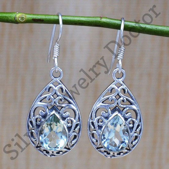Blue Topaz Gemstone 925 Sterling Silver Jewelry Light Weight Earrings SJWE-479