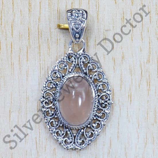925 Sterling Silver Antique Look Jewelry Rose Quartz Gemstone Pendant SJWP-642