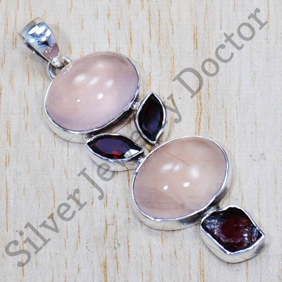 925 Sterling Silver Rose Quartz And Multi Gemstone Jewelry Pendant SJWP-662