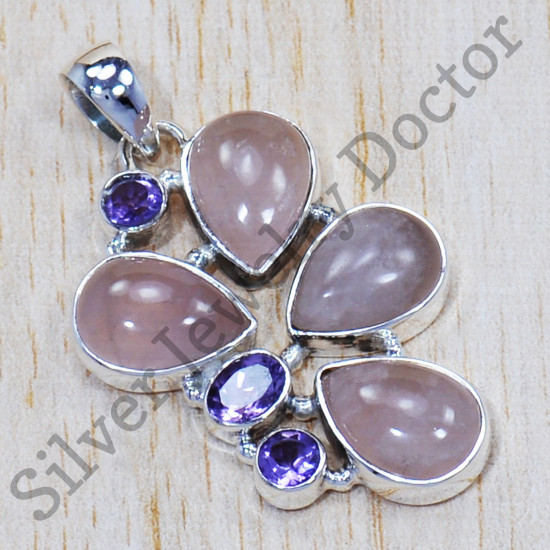 925 Sterling Silver Jewelry Rose Quartz And Amethyst Gemstone Pendant SJWP-674