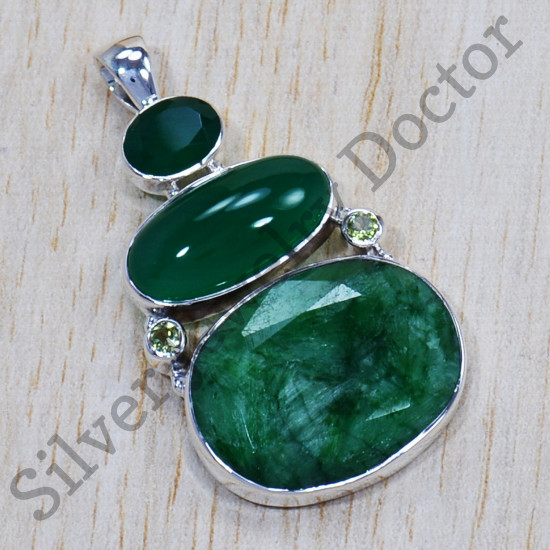 Causal Wear Jewelry Emerald And Multi Gemstone 925 Sterling Silver Pendant SJWP-679