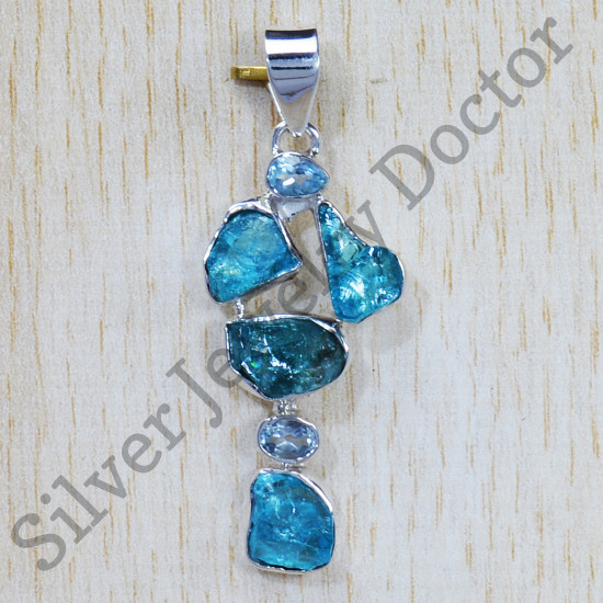 Blue Topaz And Rough Aquamarine Gemstone 925 Sterling Silver Jewelry Pendant SJWP-702