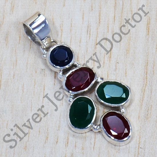 925 Sterling Silver Royal Jewelry Green Onyx And Multi Gemstone Pendant SJWP-711