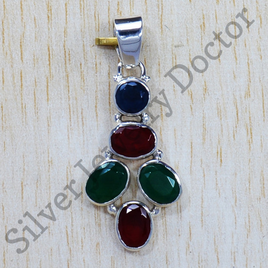925 Sterling Silver Royal Jewelry Green Onyx And Multi Gemstone Pendant SJWP-711
