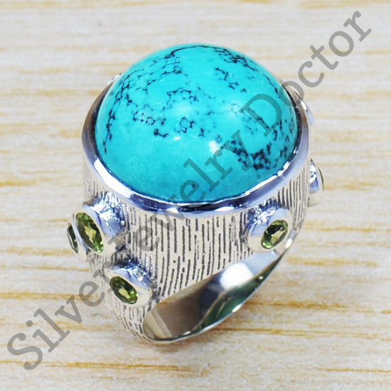 925 Real Sterling Silver Turquoise And Peridot Gemstone Jewelry Ring SJWR-1421