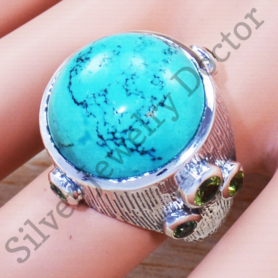 925 Real Sterling Silver Turquoise And Peridot Gemstone Jewelry Ring SJWR-1421
