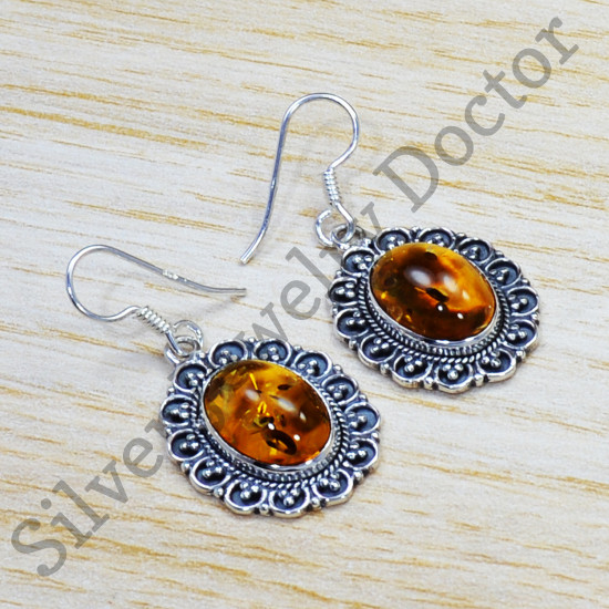 925 Sterling Silver Light Weight Jewelry Amber Gemstone Earrings SJWE-544