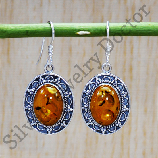 925 Sterling Silver Indian Fashion Jewelry Amber Gemstone Earrings SJWE-548