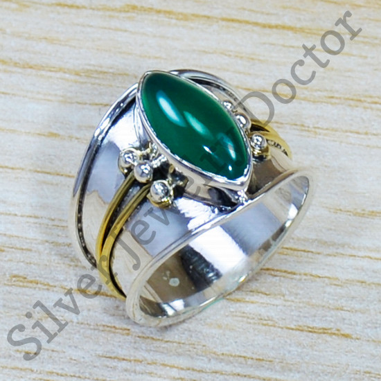 925 Sterling Silver And Brass Royal Jewelry Green Onyx Gemstone Ring SJWR-1505