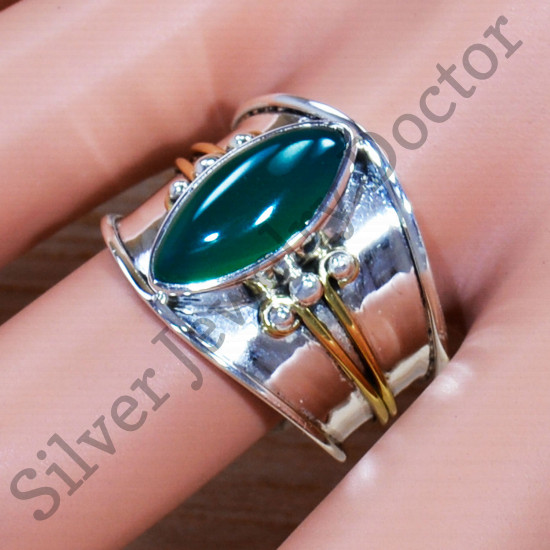 925 Sterling Silver And Brass Royal Jewelry Green Onyx Gemstone Ring SJWR-1505