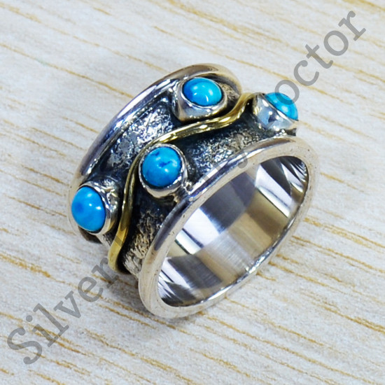 Authentic 925 Sterling Silver And Brass Turquoise Gemstone Jewelry Ring SJWR-1526