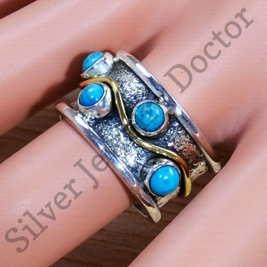 Authentic 925 Sterling Silver And Brass Turquoise Gemstone Jewelry Ring SJWR-1526