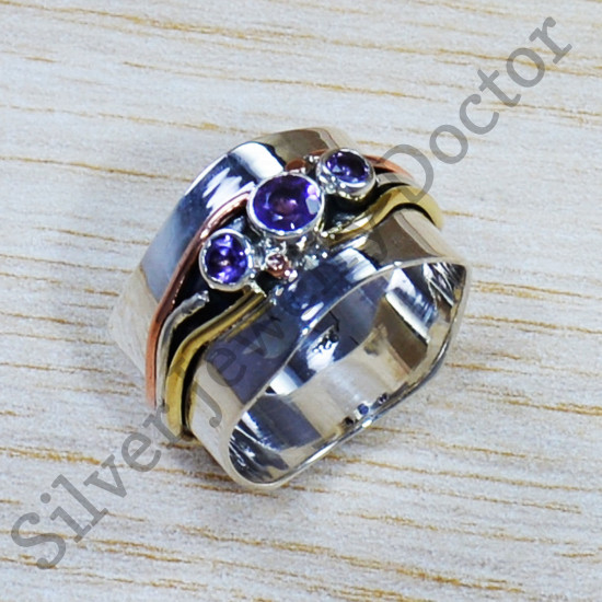 Beautiful 925 Sterling Silver And Brass Jewelry Amethyst Gemstone Ring SJWR-1529