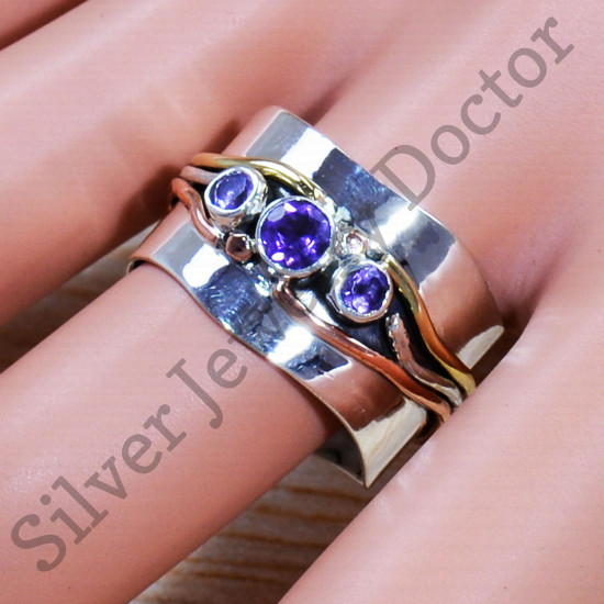 Beautiful 925 Sterling Silver And Brass Jewelry Amethyst Gemstone Ring SJWR-1529