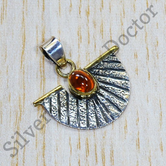 Ancient Look Jewelry Amber Gemstone 925 Sterling Silver And Brass Pendant SJWP-772