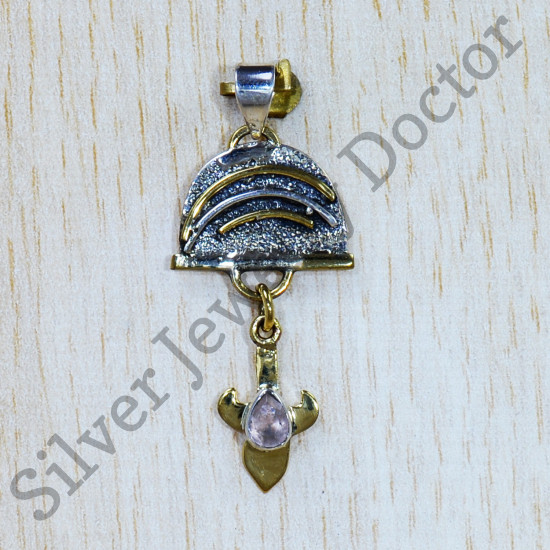 Authentic 925 Silver And Brass Rose Quartz Gemstone Jewelry Pendant SJWP-783