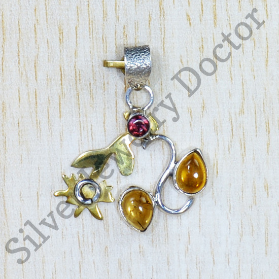 925 Silver And Brass Unique Jewelry Amber And Garnet Gemstone Pendant SJWP-804