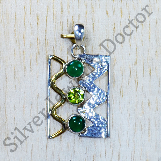 925 Silver And Brass Jewelry Nice Green Onyx And Peridot Gemstone Pendant SJWP-813