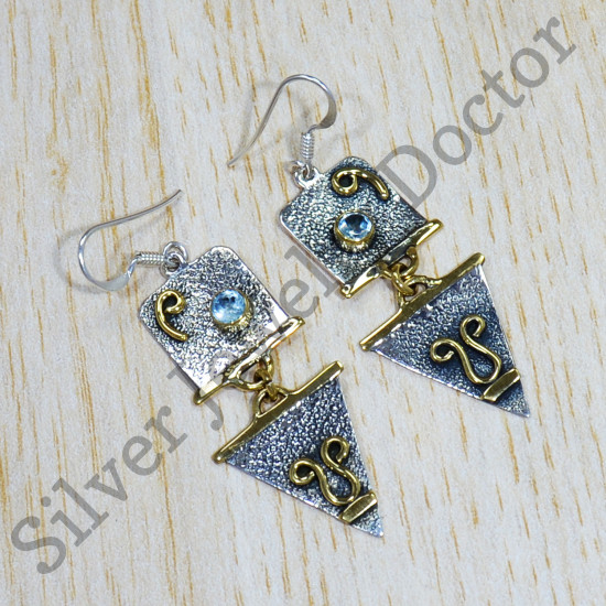 Blue Topaz Gemstone Pure 925 Sterling Silver And Brass Jewelry Earring SJWE-570
