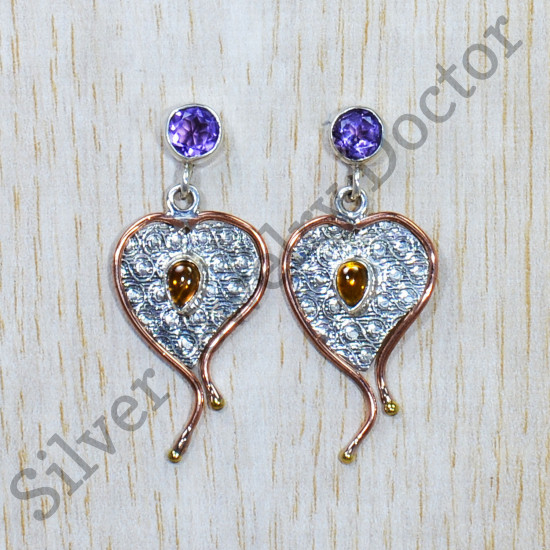 925 Sterling Silver And Brass Amethyst And Citrine Gemstone Stud Earring SJWES-229