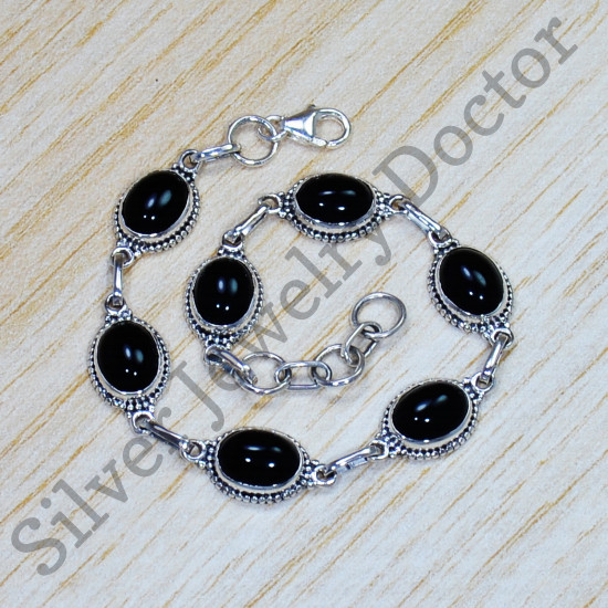 925 Sterling Silver Black Onyx Gemstone Traditional Jewelry Bracelet SJWBR-437