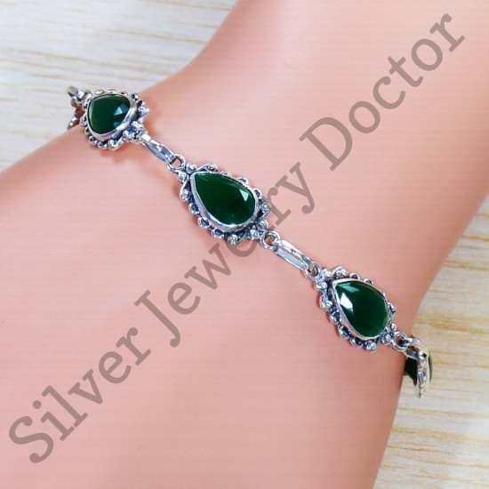 925 Real Sterling Silver Handmade Jewelry Green Onyx Gemstone Bracelet SJWBR-452