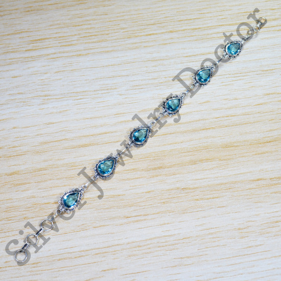 Blue Topaz Gemstone 925 Sterling Silver Semi Precious Jewelry Bracelet SJWBR-453