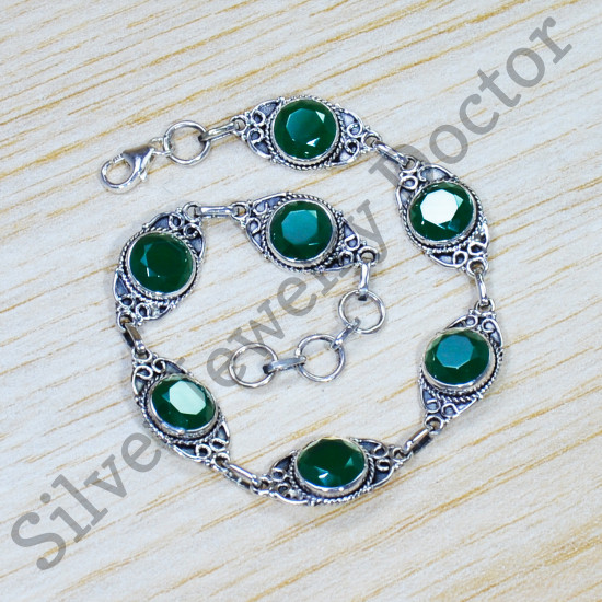 925 Real Sterling Silver Wedding Jewelry Green Onyx Gemstone Bracelet SJWBR-460