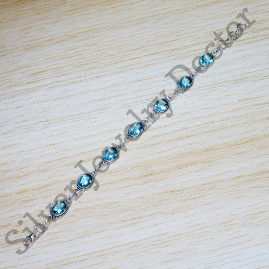 Blue Topaz Gemstone Pure 925 Sterling Silver Jewelry Traditional Bracelet SJWBR-466