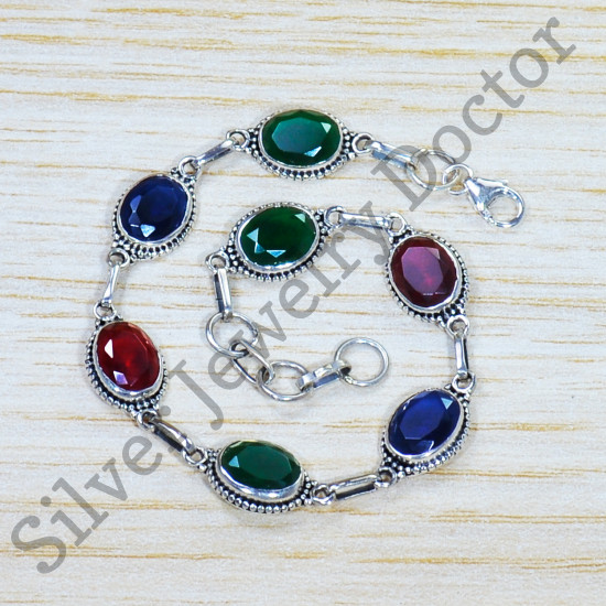 Classic Look Jewelry 925 Sterling Silver Ruby And Multi Gemstones Bracelet SJWBR-469