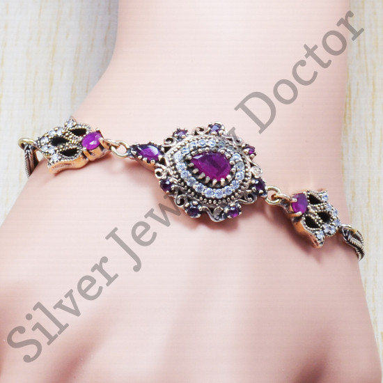 925 Sterling Silver Ruby And Zircon Gemstone Jewelry Handmade Bracelet SJWBR-56